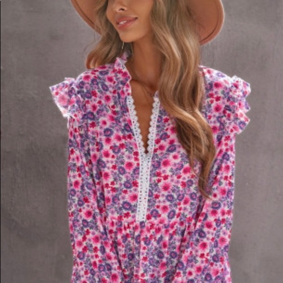 Rose Floral Pattern Peplum Blouse With Ruffles - Picture 2 of 15